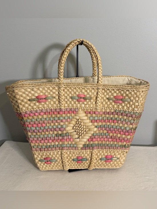 None Handbags - Vintage Straw Tote Market Bag Woven Pastel Pink Blue Purple Diamond Pattern